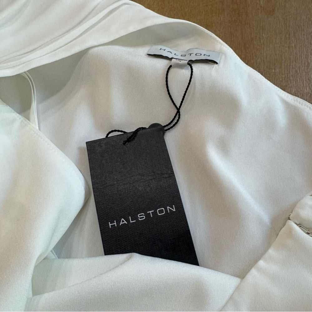 Halston Draped Maxi Dress White‎ Crepe One Shoulder Gown $553 new - Picture 7 of 14
